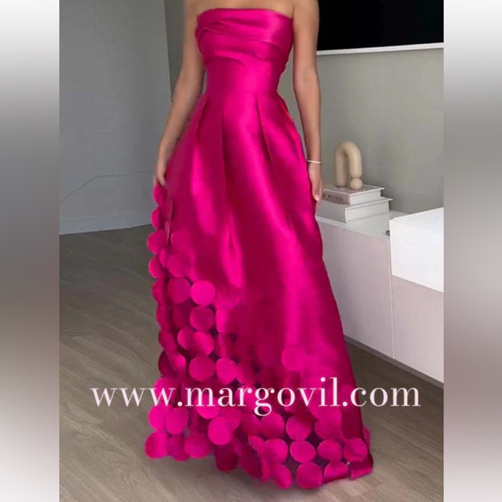Margovil Strapless Waisted Polka Dot Applique Maxi Party Dress